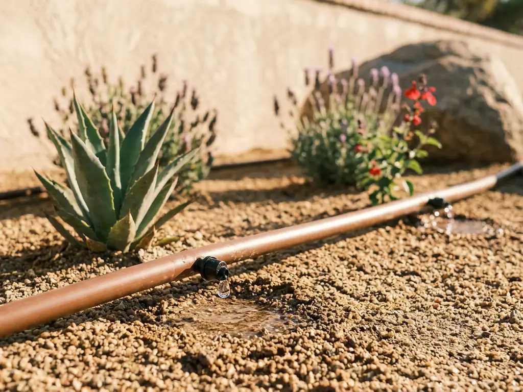 Drip tubing with an emitter watering an agave and lavender in a decomposed granite bed in La Mesa, CA
