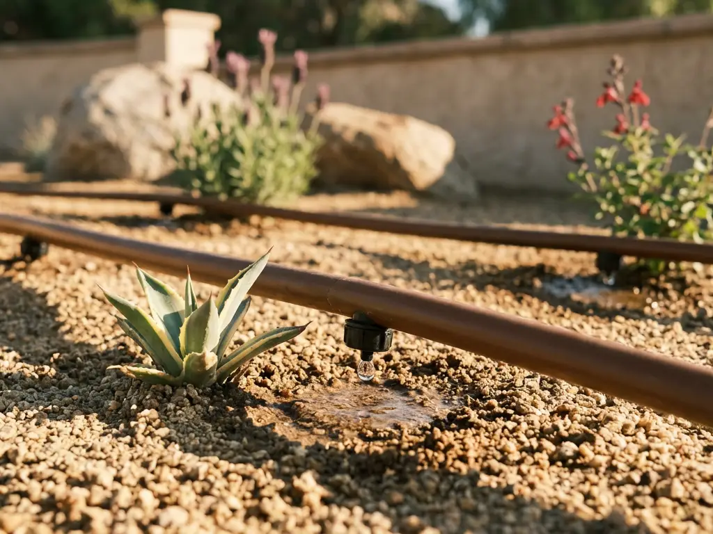 Brown drip tubing with emitters watering an agave, lavender and salvia in a decomposed granite bed in El Cajon, CA