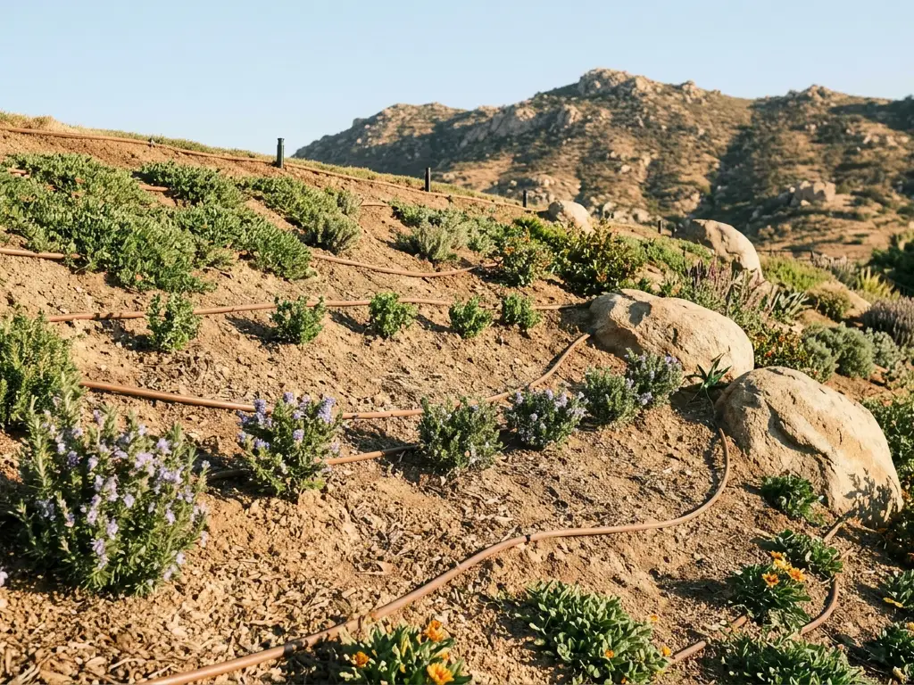 Drip tubing following the contour of a planted hillside with granite boulders in East County near El Cajon, CA