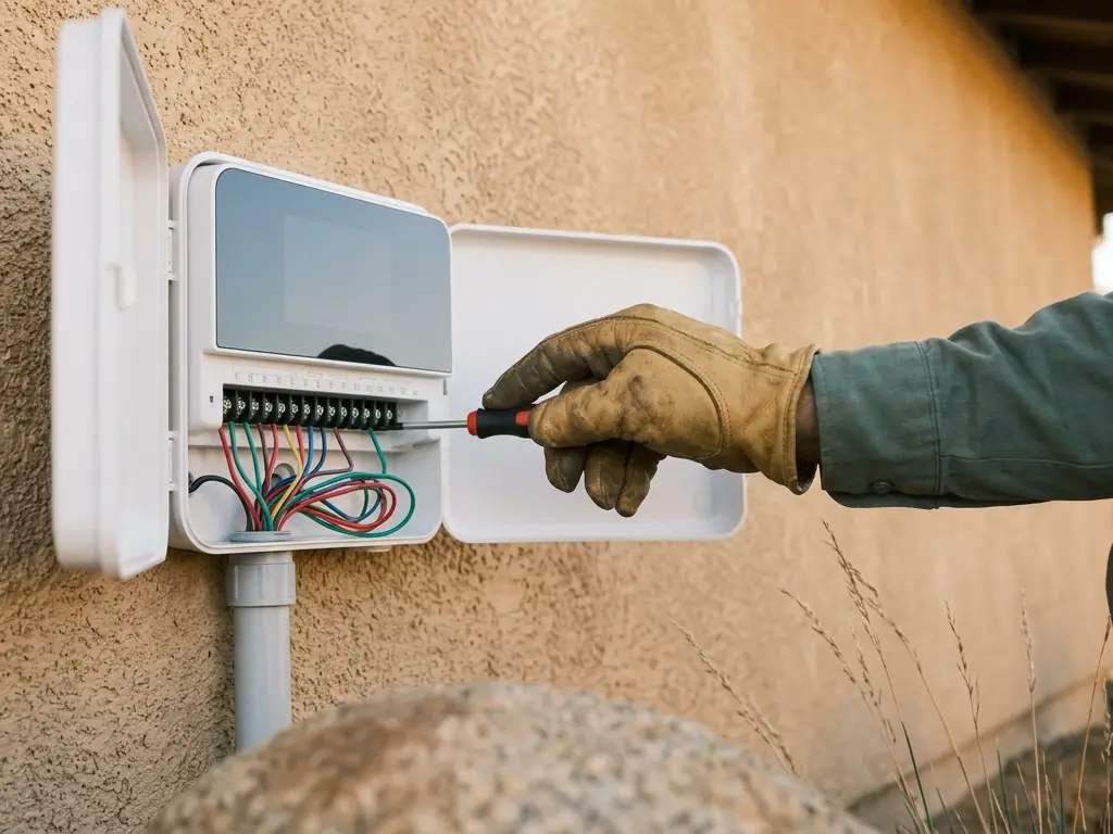 Gloved hand connecting zone wires to a smart irrigation controller on a stucco garage wall in El Cajon, CA
