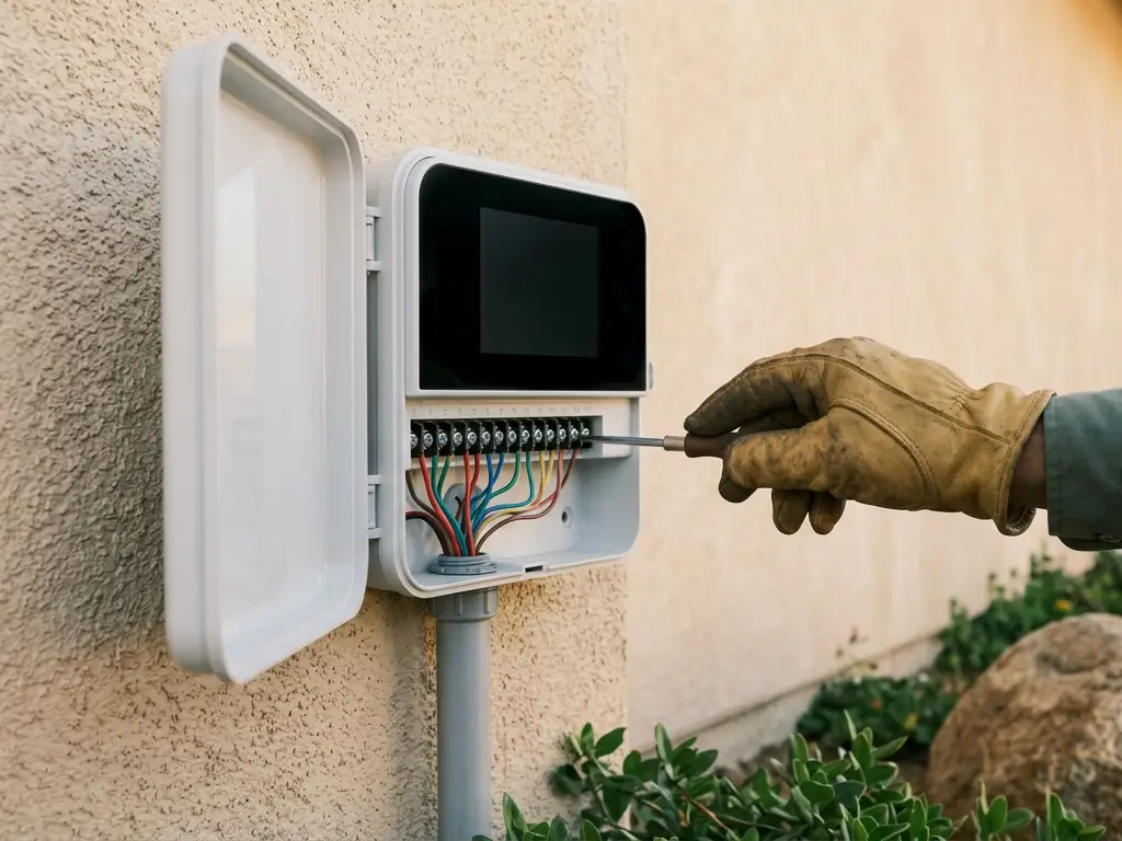 Gloved hand wiring a zone terminal on an irrigation controller mounted on a stucco wall in El Cajon, CA