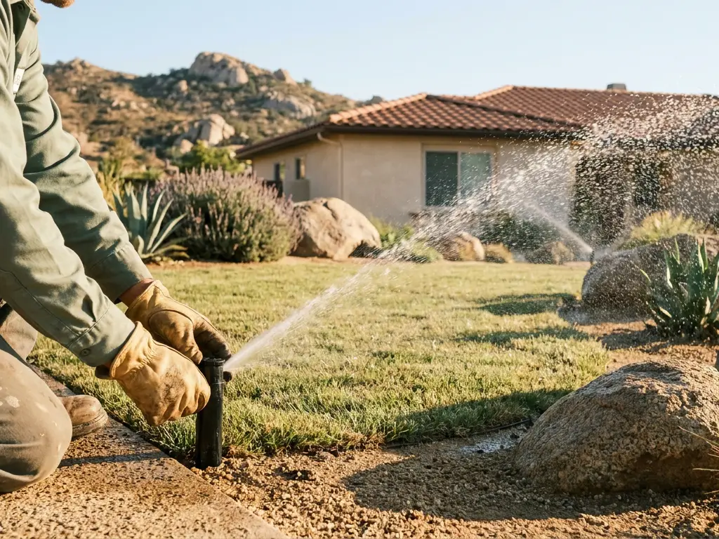Gloved hands adjusting a pop-up sprinkler head spraying a front lawn bordered by decomposed granite and boulders in El Cajon, CA