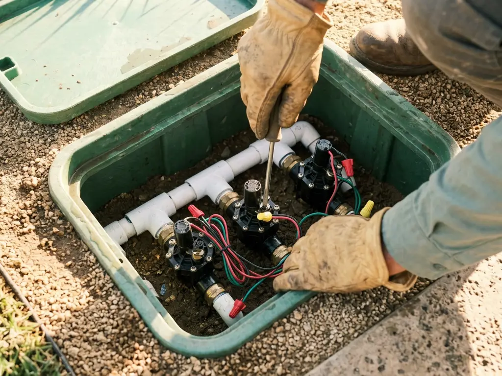 Gloved hands testing a solenoid on sprinkler valves inside an open valve box beside a lawn in El Cajon, CA